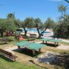 Parco con panchine e tavoli da ping pong tra alberi.