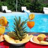 Due cocktail con fette d'arancia e piatti di frutta davanti a una piscina.